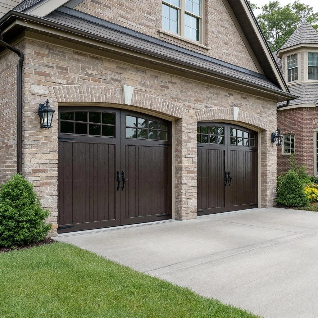 Attached garage addition with brick and stone facade